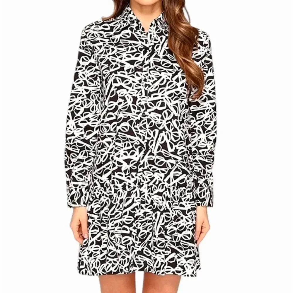Kate Spade Shirt Dress Black White Print Size S Modernist Editorial Chic